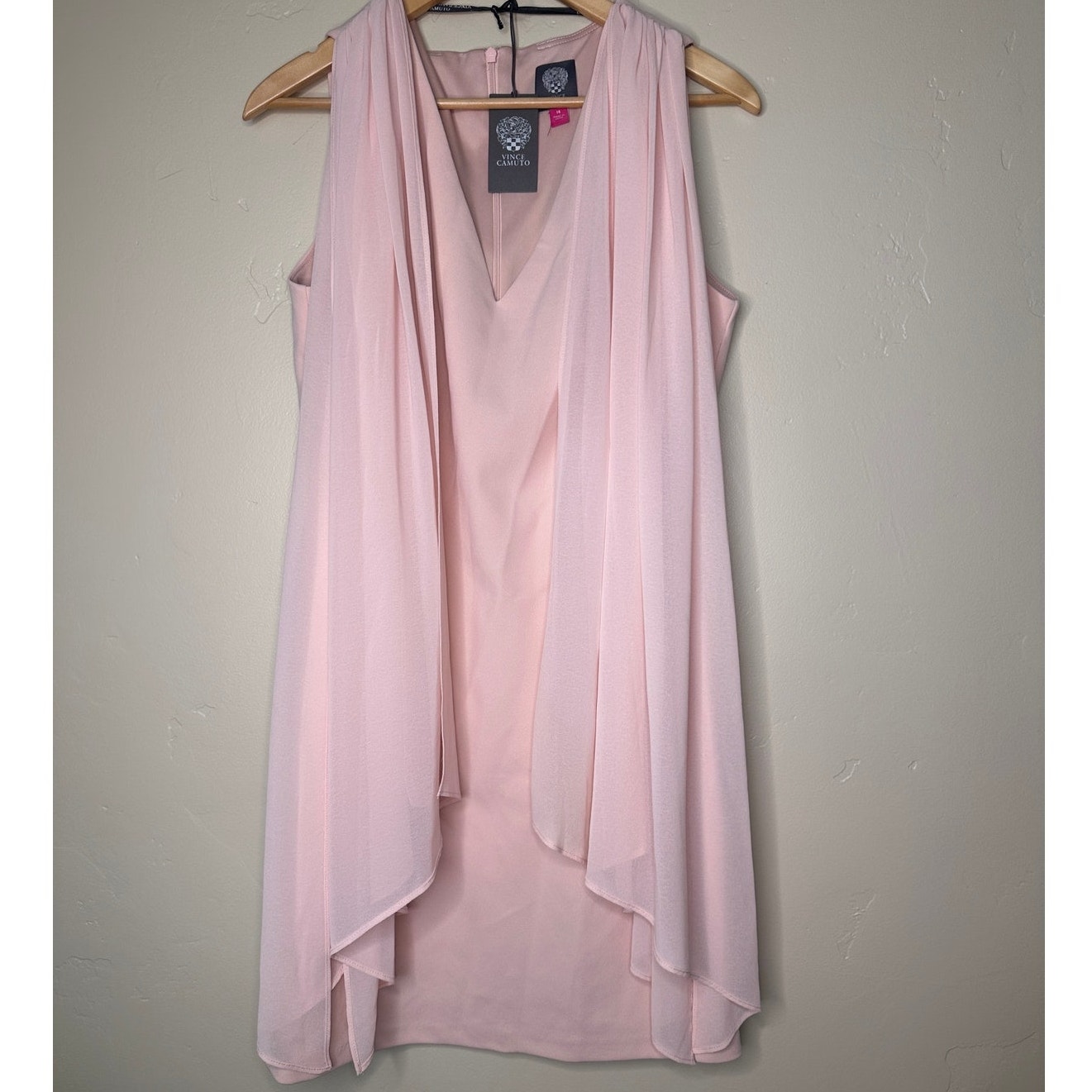 New Vince Camuto Blush Pink Deep V Sleeve Dress With Sheer Chiffon Overall